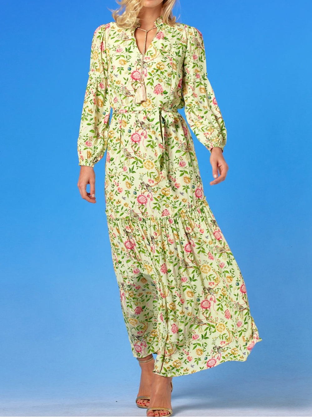 Nicoblu Waverly Maxi Dress Paradise Florals Bird Print Tassel Tie Size 12